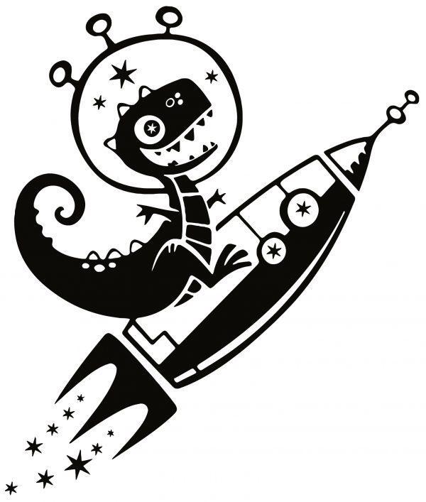Cartoon Dinosaur on the Rocket. Wall sticker. Sticker prewiev
