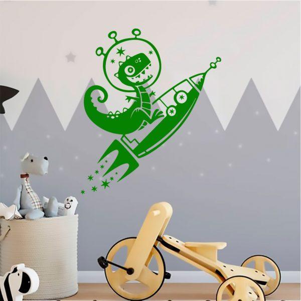 Cartoon Dinosaur on the Rocket. Wall sticker. Green color