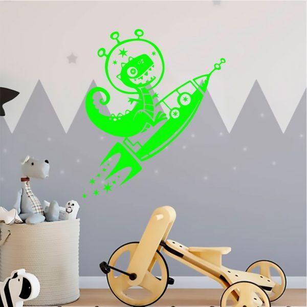 Cartoon Dinosaur on the Rocket. Wall sticker. Lime green color