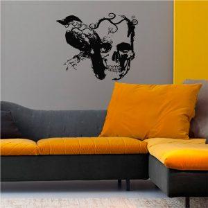 Gothic Raven and Skull Vinyl Wall Sticker. Black color