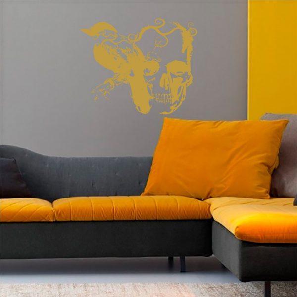 Gothic Raven and Skull Vinyl Wall Sticker. Gold color