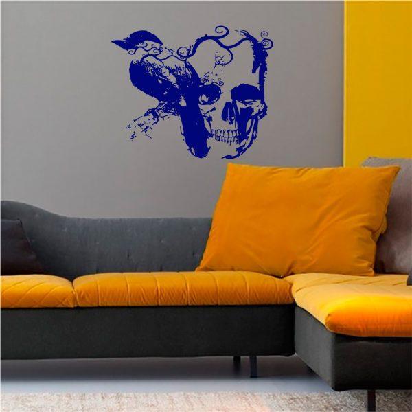 Gothic Raven and Skull Vinyl Wall Sticker. Navy color