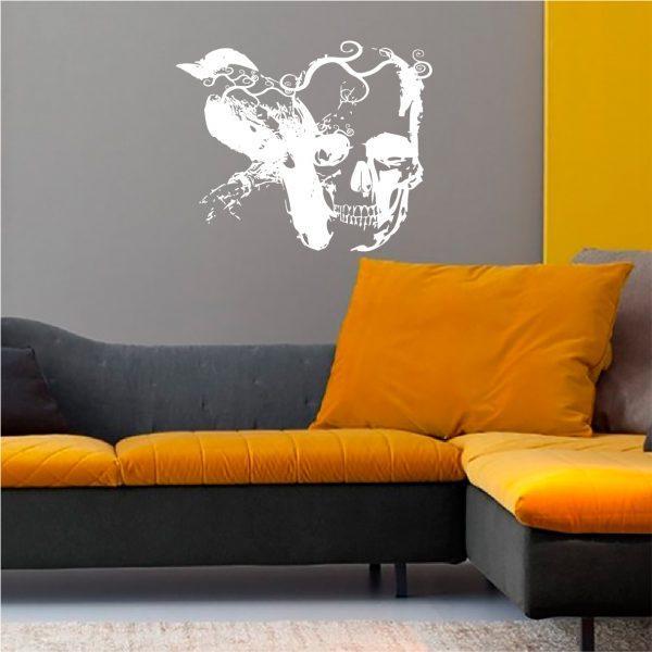 Gothic Raven and Skull Vinyl Wall Sticker. White color