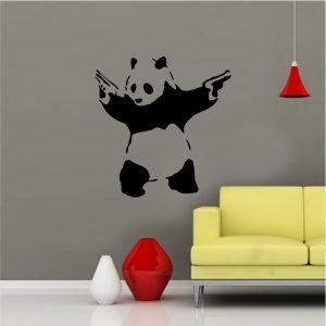 Gun Toting Panda. Banksy Graffiti wall sticker. Black color