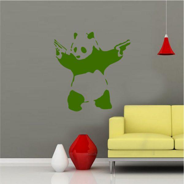 Gun Toting Panda. Banksy Graffiti wall sticker. Green color