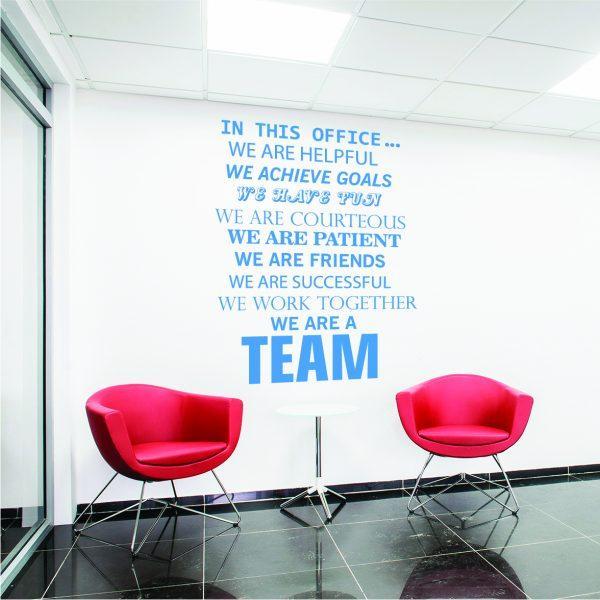 In This Office We Are a Team Wall. Teamwork theme quote wall sticker. Blue color