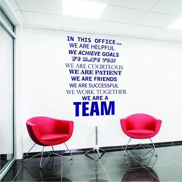 In This Office We Are a Team Wall. Teamwork theme quote wall sticker. Navy color