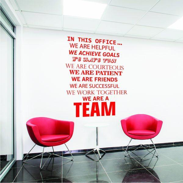 In This Office We Are a Team Wall. Teamwork theme quote wall sticker. Red color