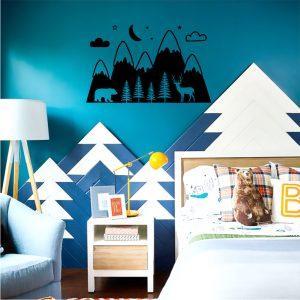Mountains Woodland with Forest, Bear and Deer. Wallsticker black color
