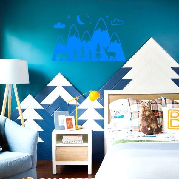 Mountains Woodland with Forest, Bear and Deer. Wallsticker blue color