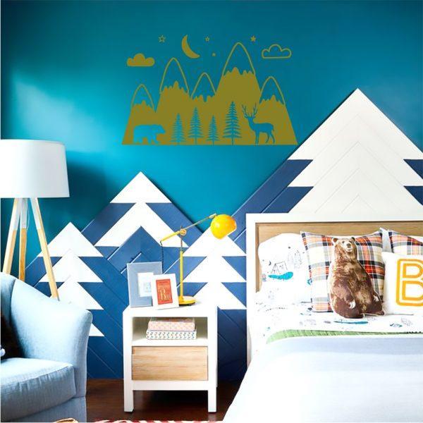 Mountains Woodland with Forest, Bear and Deer. Wallsticker gold color