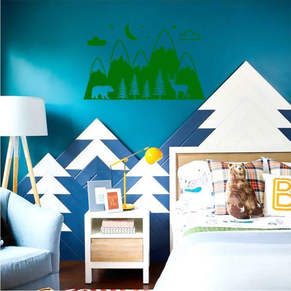 Mountains Woodland with Forest, Bear and Deer. Wallsticker green color