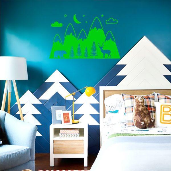 Mountains Woodland with Forest, Bear and Deer. Wallsticker lime green color