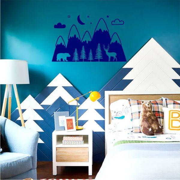 Mountains Woodland with Forest, Bear and Deer. Wallsticker navy color