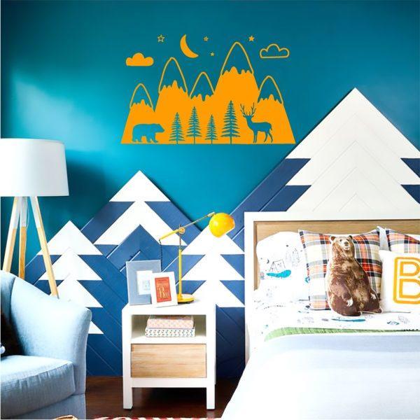 Mountains Woodland with Forest, Bear and Deer. Wallsticker orange color