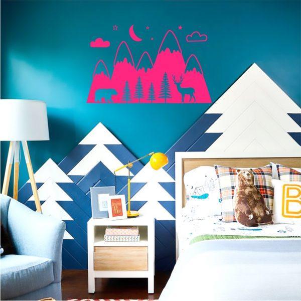 Mountains Woodland with Forest, Bear and Deer. Wallsticker pink color
