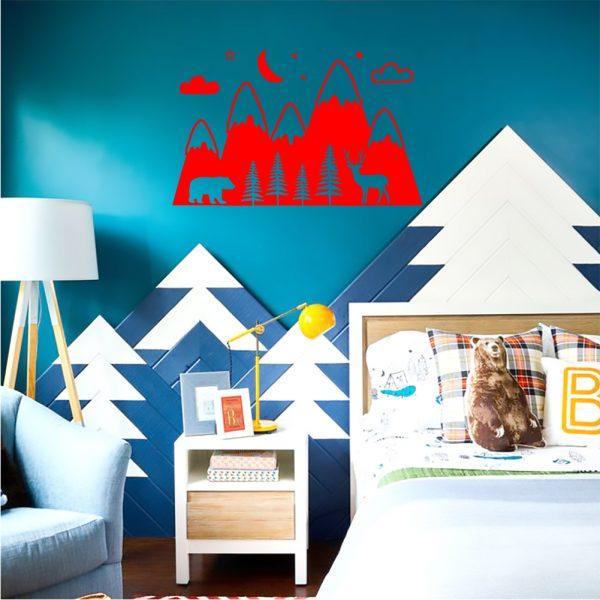 Mountains Woodland with Forest, Bear and Deer. Wallsticker red color
