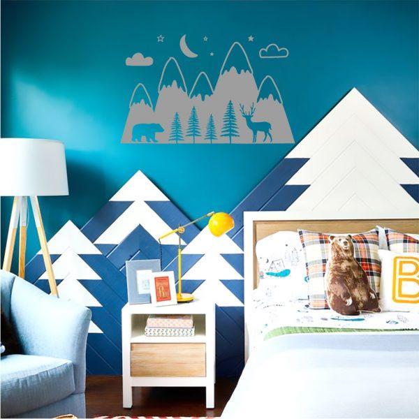 Mountains Woodland with Forest, Bear and Deer. Wallsticker silver color