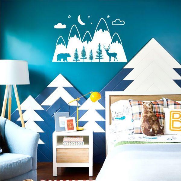 Mountains Woodland with Forest, Bear and Deer. Wallsticker white color
