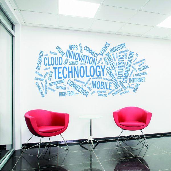 Technology Word Cloud wall sticker. Blue color