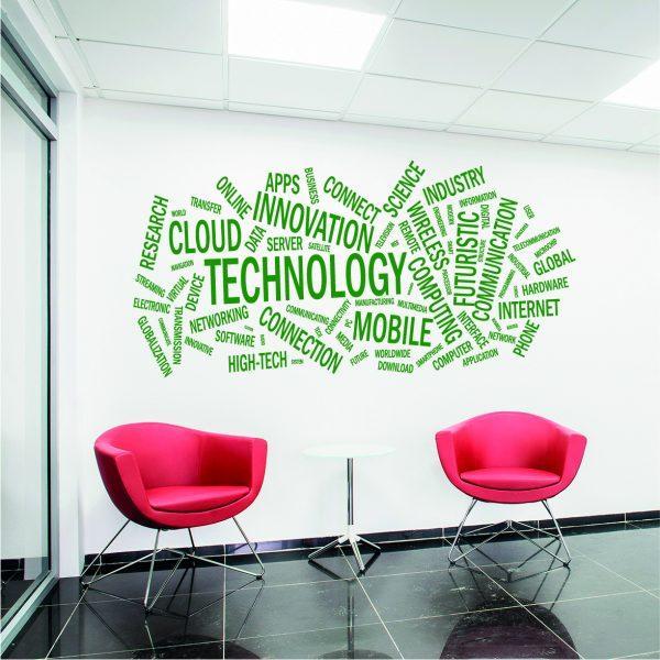 Technology Word Cloud wall sticker. Green color