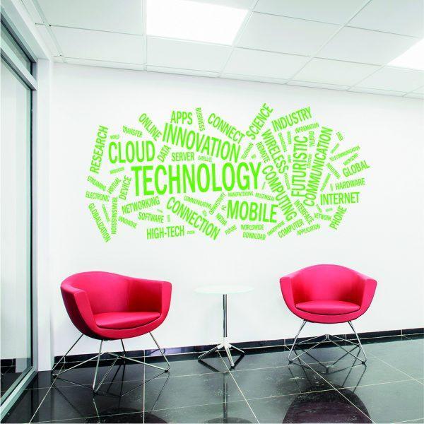 Technology Word Cloud wall sticker. Lime green color