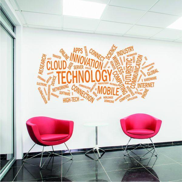 Technology Word Cloud wall sticker. Orange color