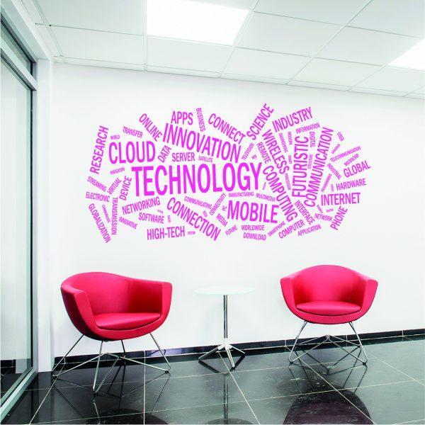 Technology Word Cloud wall sticker. Pink color
