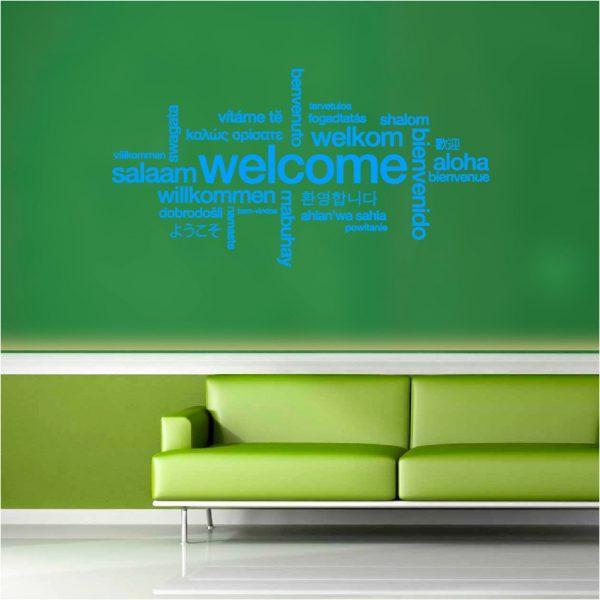 Welcome. Words cloud. Wall sticker. Blue color