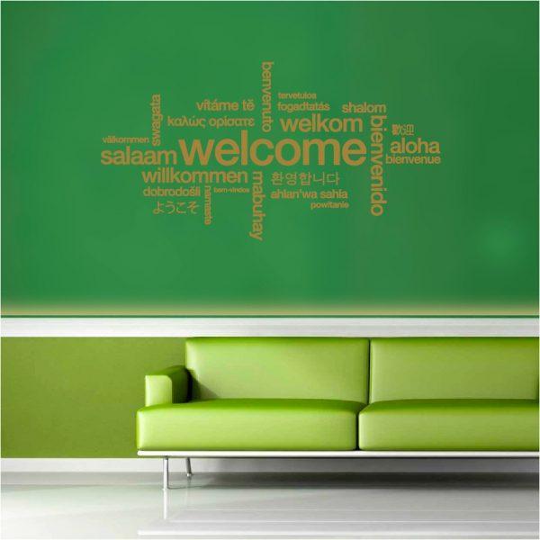 Welcome. Words cloud. Wall sticker. Gold color