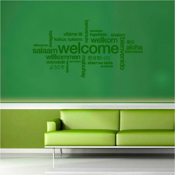 Welcome. Words cloud. Wall sticker. Green color