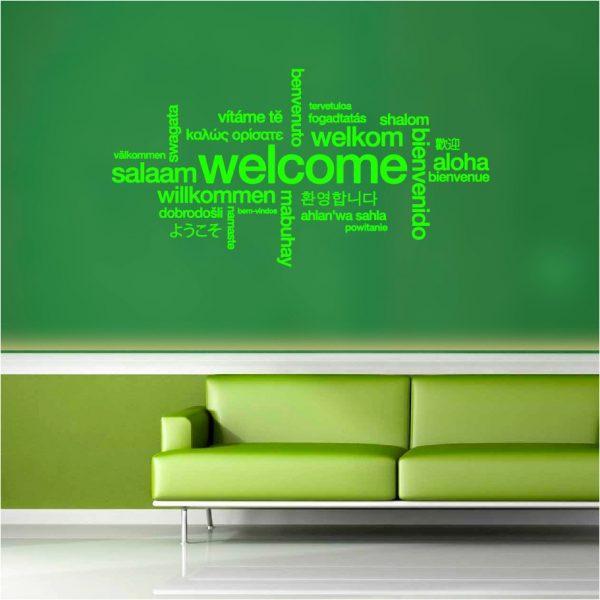 Welcome. Words cloud. Wall sticker. Lime green color