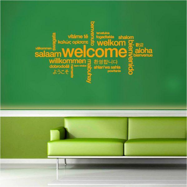 Welcome. Words cloud. Wall sticker. Orange color