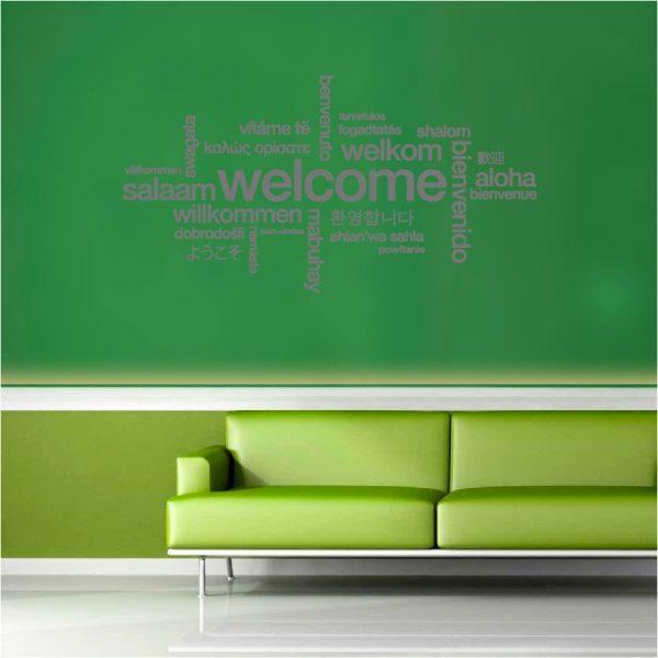 Welcome. Words cloud. Wall sticker. Silver color