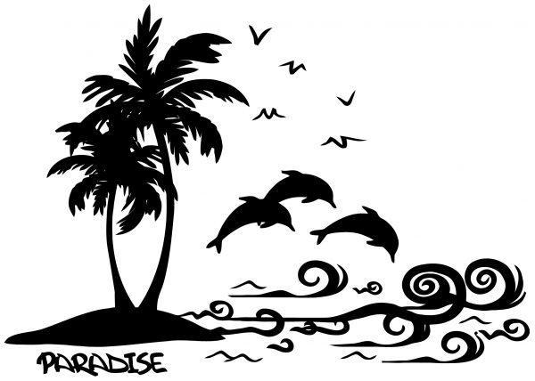 Cute-Beach, Palm Trees, Island Dolphins and Ocean Sea. Wall Sticker. Sticke preview