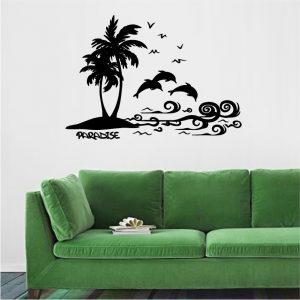 Cute-Beach, Palm Trees, Island Dolphins and Ocean Sea. Wall Sticker. Black color