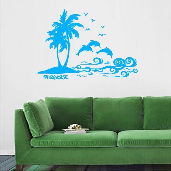 Cute-Beach, Palm Trees, Island Dolphins and Ocean Sea. Wall Sticker. Blue color