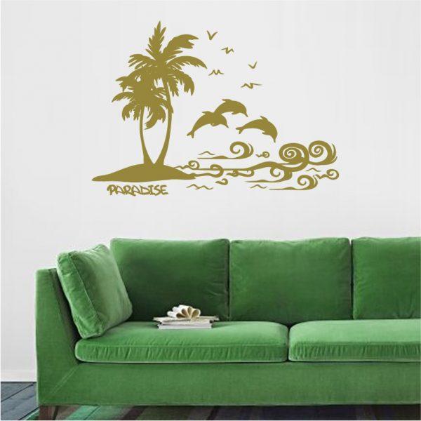 Cute-Beach, Palm Trees, Island Dolphins and Ocean Sea. Wall Sticker. Gold color