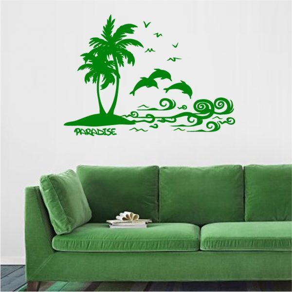 Cute-Beach, Palm Trees, Island Dolphins and Ocean Sea. Wall Sticker. Green color