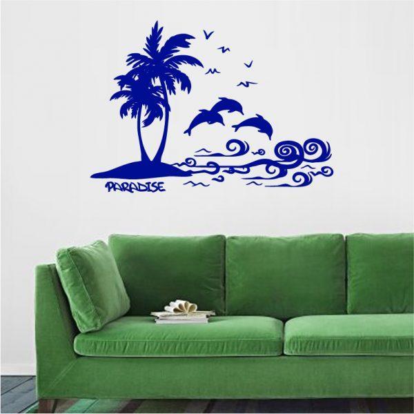 Cute-Beach, Palm Trees, Island Dolphins and Ocean Sea. Wall Sticker. Navy color