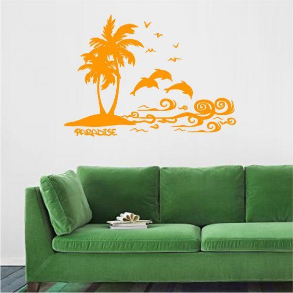 Cute-Beach, Palm Trees, Island Dolphins and Ocean Sea. Wall Sticker. Orange color