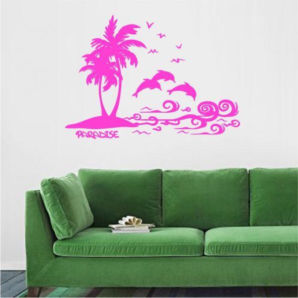 Cute-Beach, Palm Trees, Island Dolphins and Ocean Sea. Wall Sticker. Pink color