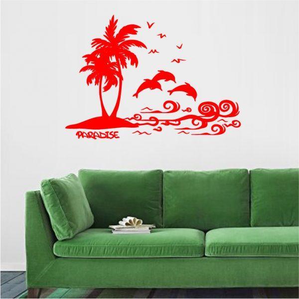 Cute-Beach, Palm Trees, Island Dolphins and Ocean Sea. Wall Sticker. Red color