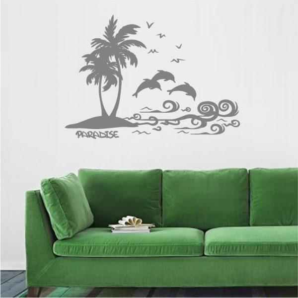 Cute-Beach, Palm Trees, Island Dolphins and Ocean Sea. Wall Sticker. Silver color