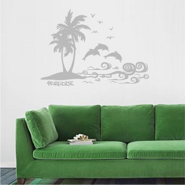 Cute-Beach, Palm Trees, Island Dolphins and Ocean Sea. Wall Sticker. White color