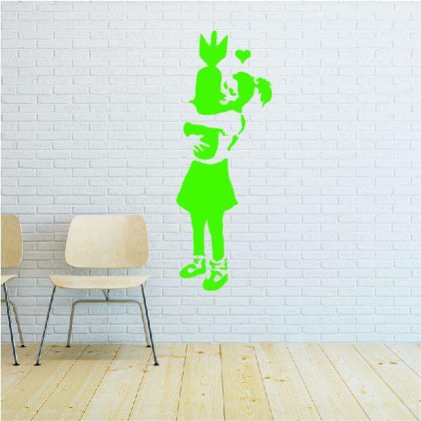 Girl with Bomb. Banksy's graffiti. Wall sticker. Lime green