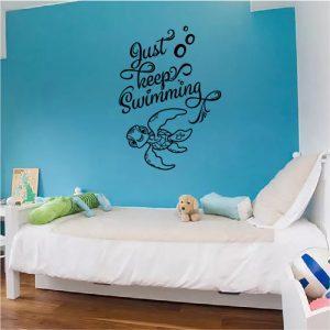 Just Keep Swimming quote with Turtle Squirt. Finding Nemo Theme. Wall Sticker. Black color