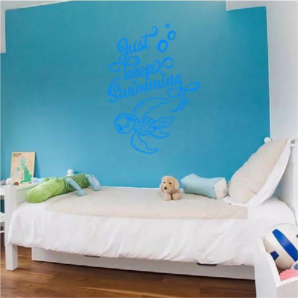 Just Keep Swimming quote with Turtle Squirt. Finding Nemo Theme. Wall Sticker. Blue color