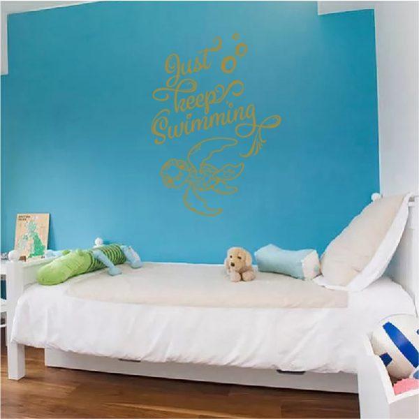 Just Keep Swimming quote with Turtle Squirt. Finding Nemo Theme. Wall Sticker. Gold color