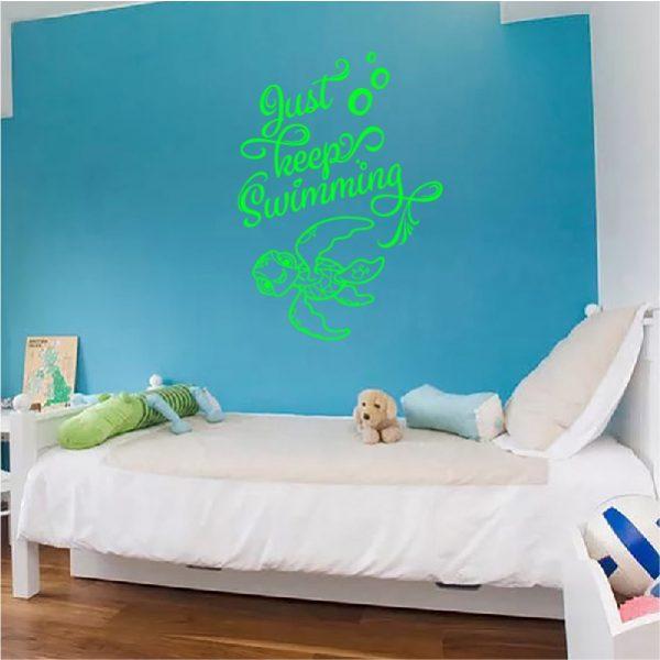 Just Keep Swimming quote with Turtle Squirt. Finding Nemo Theme. Wall Sticker. Lime green color